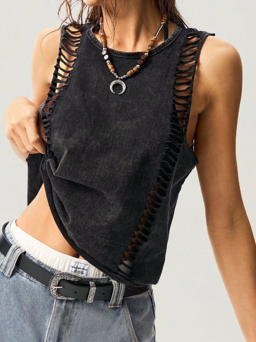 Black Casual Women's Plain Knitted Cropped Washed Tank Top